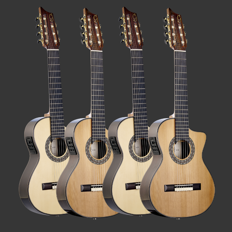 Four SieteQuinto seven-string guitars in cedar and spruce finishes