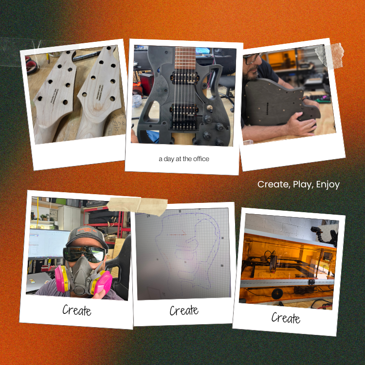Workshop scenes: guitar builds, sketches, tools, and a day at the office