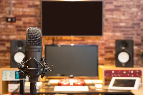 Condenser microphone and monitors at ATTO Music Studio